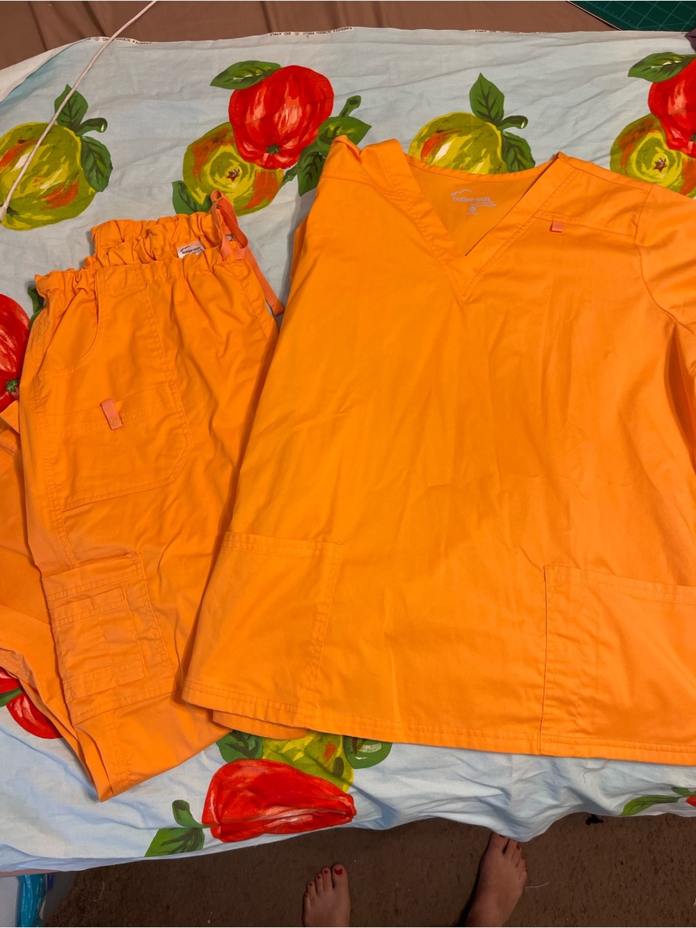Bright Orange V-Neck Scrub Top and Cargo Pants by